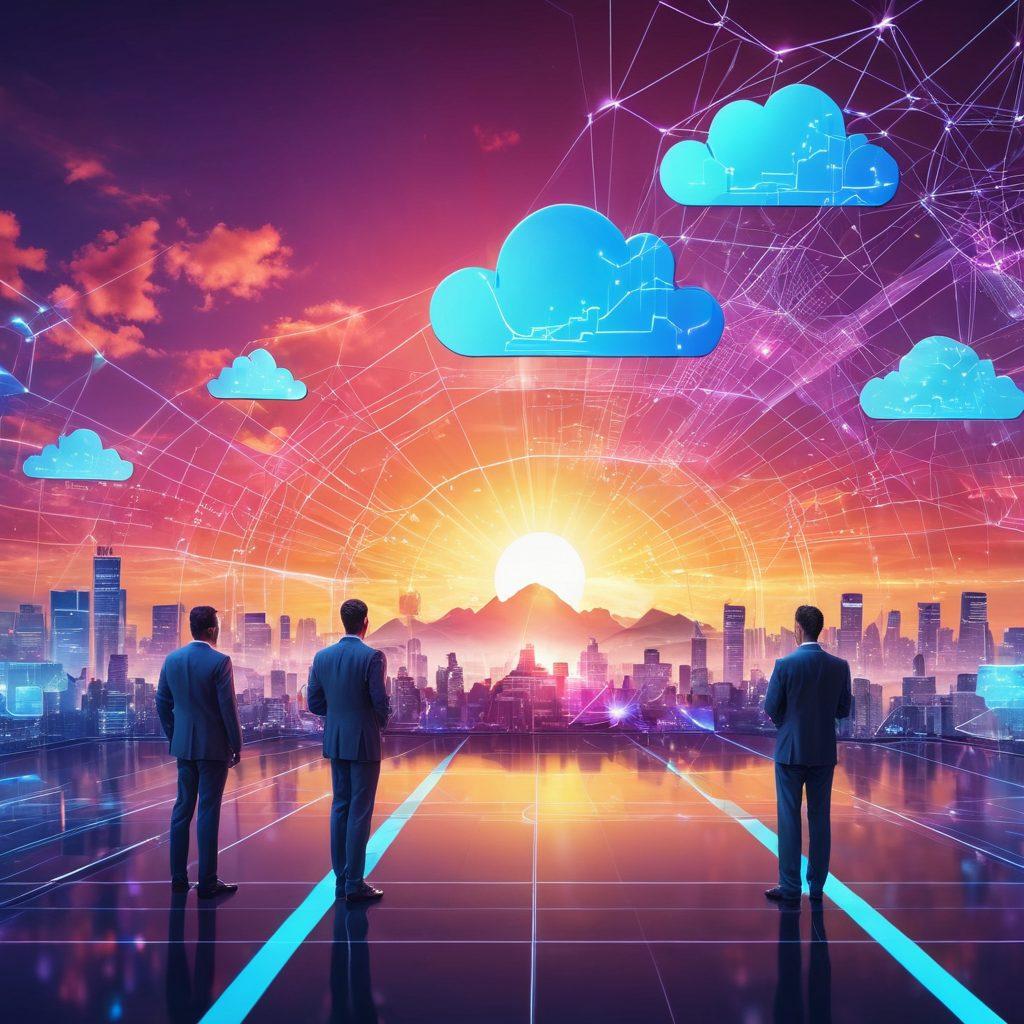 A vibrant digital landscape depicting various IT services like cloud computing, data analytics, and cybersecurity in dynamic, interconnected networks. Include futuristic elements like holograms, robots, and diverse professionals collaborating with digital devices, symbolizing successful digital transformation. The background should have a sunrise, representing hope and innovation. vibrant colors. 3D.