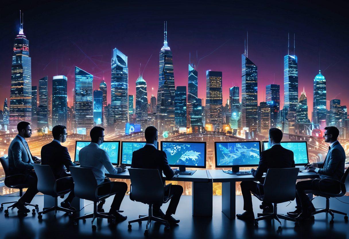 A dynamic city skyline representing digital transformation, with skyscrapers made of code and gears, symbolizing innovation. In the forefront, a diverse group of professionals collaborating on digital devices, showcasing custom software development in action. Bright screens with colorful data visualizations and futuristic technology elements. The atmosphere should embody progress and creativity. super-realistic. vibrant colors. 3D.