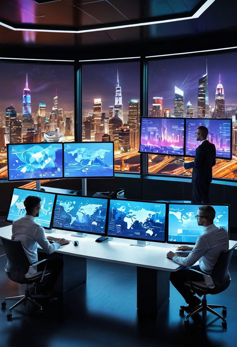 A futuristic, sleek workspace featuring professionals collaborating over advanced technology like holographic screens and AI interfaces. Elements of digital transformation are illustrated with overlay graphics symbolizing growth, connectivity, and innovation. The background should contain a city skyline representing IT advancements, bathed in warm, uplifting colors. The scene evokes a sense of progress and success, inspiring future possibilities. vibrant colors. super-realistic.
